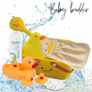 een afbeelding met daarop producten die in de baby badder giftbox zitten. een geel wasmandje met hengsels met een eendengezicht erop. een badeend speelset, neutral babyshampoo, een eendenspons, een eendenborstel en een baby handdoekje in de vorm van een eendje. op de achtergrond opspattend water en een glitterregenboog