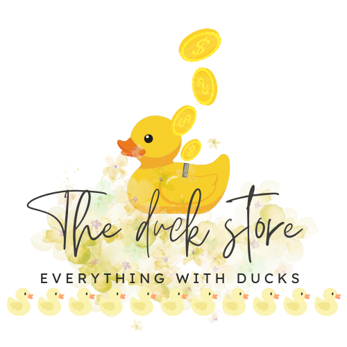 logo van de duckstore met een rij kleine rubbereendjes onderaan en een rubbereend spaarpot met centjes die erin vallen, dat betalen symboliseert.