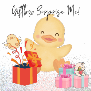 a picture of the giftbox surprise me, with a cute pastel yellow duck, a red present with a small duck coming out and pastel pink and blue presents with a cute pastel yellow duck holding a strawberry