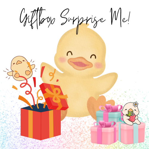 a picture of the giftbox surprise me, with a cute pastel yellow duck, a red present with a small duck coming out and pastel pink and blue presents with a cute pastel yellow duck holding a strawberry