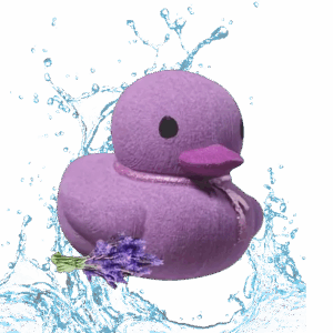 grote paarse eendenbruisbal met lavendel ernaast en opspattend water op de achtergrond